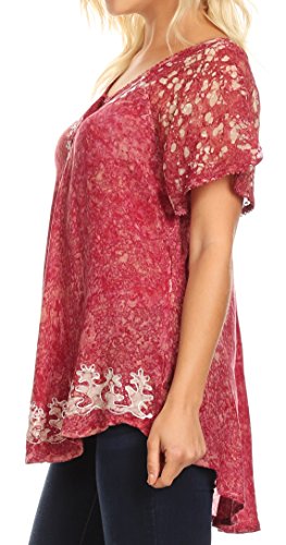 Image of Sakkas Ash Speckled Tiedye Embroidered Cap Sleeve Blouse Top with Embroidery Hems