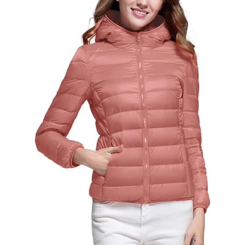 Aosufei Chaqueta con capucha ligera y acolchada con cremallera para mujer, ajuste delgado, ropa de abrigo corta, plegable, con cremallera y bolsillos laterales, Rojo claro., S