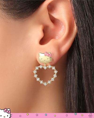 Hello Kitty Earrings for Women with Pave Crystals Official License, 18k Gold Flash-Plated Hello Dangle or Hoop Earrings2