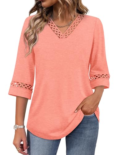 Image of WIHOLL Womens Tops Eyelet Lace V Neck 3 /4 Bell Sleeve Blouses Dressy Casual Work Shirt 2026 Summer Fall Fashion Clothing