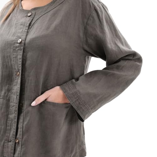 Image of Amazhiyu Women's 100% Linen Long Sleeve Button Up Crew Neck Lightweight Cardigan
