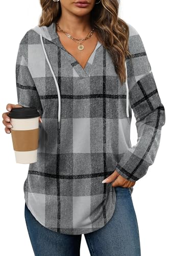 Cuptacc Damska bluza z kapturem, dekolt w kształcie litery V, bluza ze ściągaczem, bluza z długim rękawem, oversized, Gray Plaid, XXL