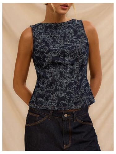 MakeMeChic Women's Floral Denim Vest Crew Neck Zip Back Sleeveless Elegant Jean Tops4