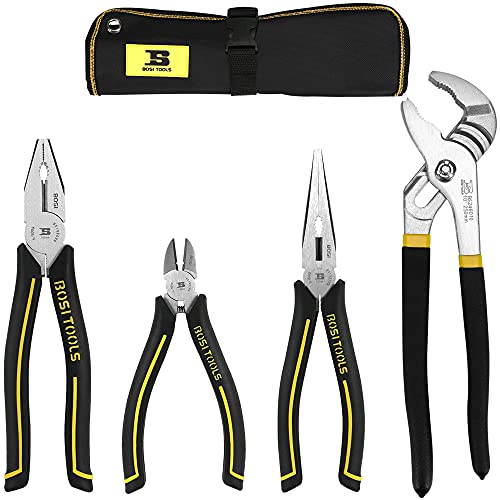 B BOSI TOOLS 4-piece Pliers Set, Premium Cr-V Construction, Including 6" Diagonal Cutting Pliers, 8" Long Nose Pliers and 8" Combination Pliers, 10" Groove Joint Pliers, with Storage Pouch