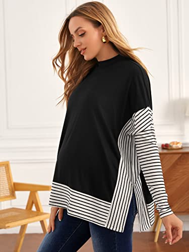 Makemechic Women's Oversized Maternity Mock Neck Striped Split Hem Colorblock Tee Shirt Tops Black Xl #TOP2