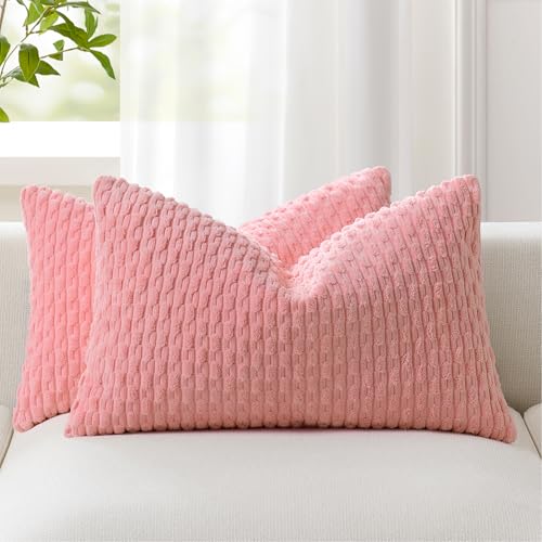 Kevin Textile Soft Corduroy 12"x20" Lumbar Pillow Covers 2 Pack, Dark Pink