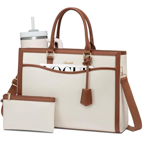 Image of LOVEVOOK Laptop Tote Bag for Women, 15.6 inch Lightweight Canvas Office Work Bag Briefcase, Large Capacity Teacher Computer Bag Handbag for Travel Business,2pcs Set Canvas /Beige-Brown