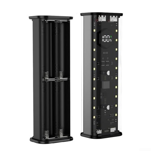 Caja portátil 4x21700, caja de banco de energía de carga rápida PD de 22.5W, carcasa transparente DIY con salida dual para células planas (negro)
