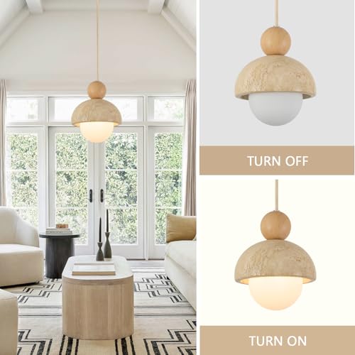 Image of Natural Cave Stone Pendant Lights Kitchen Island Japanese Wabi Sabi Pendant Light Fixture with Wood Ceiling Plate Hanging Lamp for Hallway, Bedroom, Dining Room 3 Packs