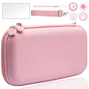 BRHE Cute Switch Case for Nintendo Switch Kawaii Girl Travel Carrying Bundle Hard Portable Protective Accessories Kit with Glass Screen Protector Thumb Grip Caps (Pink)
