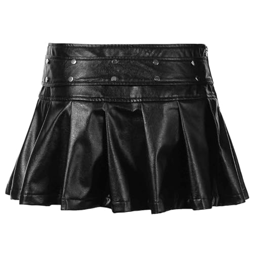 Women's PU Leather Punk-Style Rivet Belt Pleated Skirt with a Sense of Low-Waisted with Zipper a Half Skirt