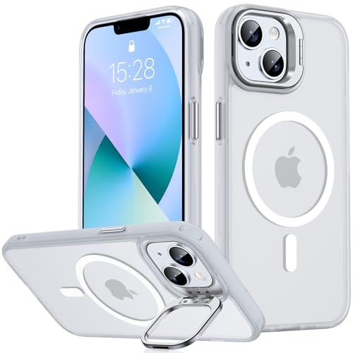 JAME Magnetic for iPhone 13 Case & iPhone 14 Case, [Built-in Lens Ring Stand] [Military-Grade Protection] Slim Translucent Matte Magnetic Phone Case for iPhone 13/iPhone 14 6.1″, Translucent White