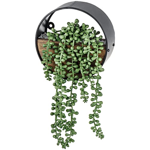 Mygift Burnt Wood And Black Metal Round Hanging Wall Planter With Artificial String Of Pearls, Wall Mounted Circle Design Planter With Fake Succulent Plant #TOP4