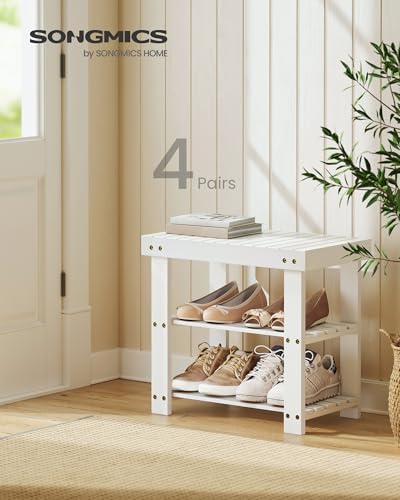Image of SONGMICS Shoe Rack Bench, 3-Tier Bamboo Shoe Storage Organizer, Entryway Bench, Holds Up to 286 lb, 11.3 x 19.7 x 17.8 Inches, for Entryway Bathroom Bedroom, Cloud White ULBS001W01
