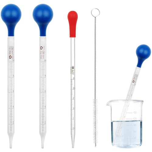 2PCS 10Ml Glass Pipettes Dropper, 3Ml Glass Liquid Dropper with 3 Rubber Caps, Lab Graduated Dropper for Liquid Essential Oil, Glass Transfer Pipette with Rubber Bulb and Cleaning Brush