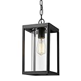 Beionxii Outdoor Pendant Light, Modern Exterior Hanging Porch Lantern, Black Cast Aluminum w/Clear Cylinder Glass - A291H-1PK