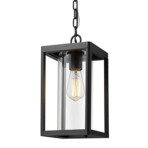 Beionxii Outdoor Pendant Light, Modern Exterior Hanging Porch Lantern, Black Cast Aluminum w/Clear Cylinder Glass - A291H-1PK
