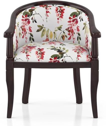 Image of Sheesham Wood Barrel Accent Chair with Floral Fabric Upholstery Handcrafted Wooden Lounge Chair with Comfortable Seat & Backrest for Living Room (Wooden Dark)