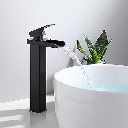 Grifo de cascada negro alto mezclador para lavabo de tocador con agua fría y caliente