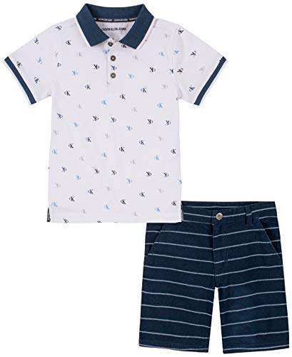 Calvin Klein Boys' 2 Pieces Polo Shorts Set, Printed Parasail White/Dark Denim, 3T