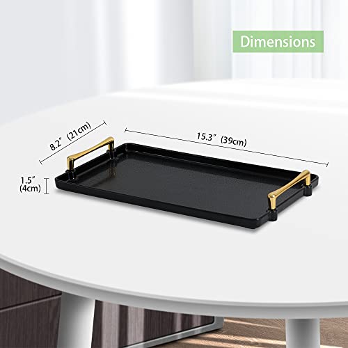 Table Tray Plastic Serving Trays - Modern Rectangular Decorative Tray For Coffee Table Living Room Kitchen Countertop Bathroom - Food Tray For Eating Breakfast With Gold Handles - 15.4 X 8.5 Inches #TOP1