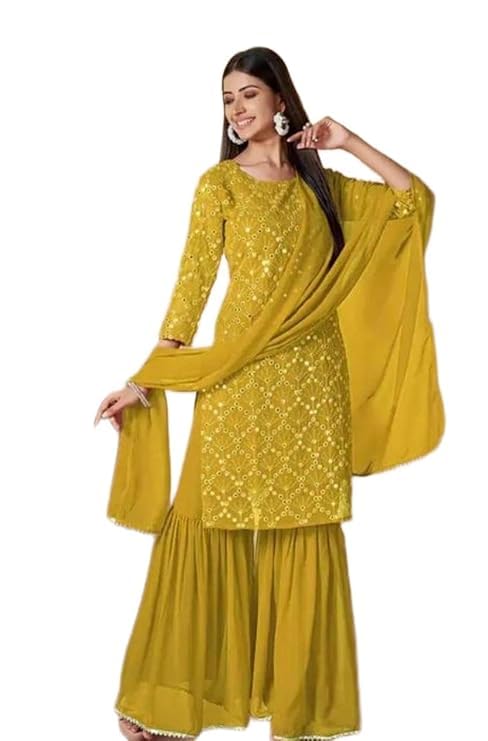 Women's Embellished Kurta Sharara Set with Dupatta | 3-Piece Ethnic Outfit | 3/4 Sleeve Traditional Party for Women-image-24