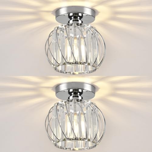 Hudi Fyier Chandelier Crystals Ceiling Lighting Fixtures, 2 Pack Chrome Modern Mini Ceiling Light, Small Semi Flush Mount Ceiling Light for Kitchen Hallway Dining Rooms Living Rooms Bar