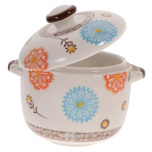 MALUGOGO 日式手描き蒸し鍋 蓋付きスープカップ 軽量小鉢 両手持ちやすい セラミック製調理用蒸し器 食卓用おしゃれ容器