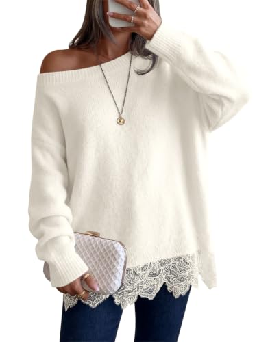 Saodimallsu Womens Lace Patchwork Sweater Long Sleeve Boat Neck Pullovers