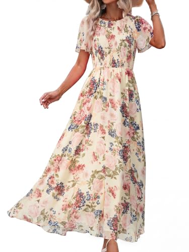 Image of Simplee Womens Casual Floral Summer Maxi Dress 2026 Boho Flowy Short Sleeve Crew Neck Vacation Smocked Chiffon Dresses