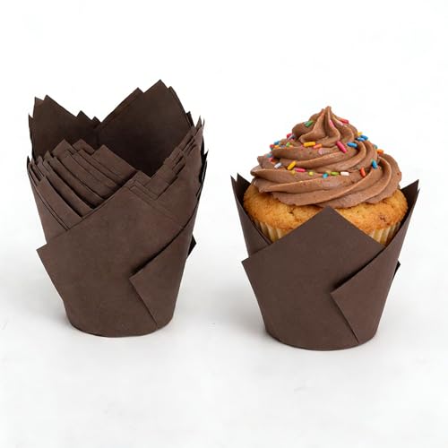 GUIAHENG Tulip Cupcake Liners 200 Count, Food Grade Greaseproof Baking Cups, Non Stick Muffin Liners For Baking, Dark Brown, Fits Standard Muffin Pans