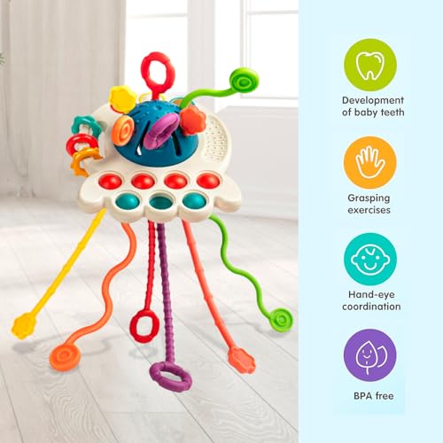 Image of Kidology Pull String Toy for Babies Teething Strings Sensory Montessori Toys Baby Girl,Travel Toy for 6+Months Boy Food Grade Silicone Fine Motor Skills Toy for Toddlers (Octopus Design 2),Multicolor