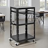 DWVO AV Presentation Cart Stand w/Power Strip & Casters, Adjustable Height Rolling Media Cart w/Keyboard Tray, Black Presentation Cart for Office, Classroom, Video Projector, TV, Computers, Printers
