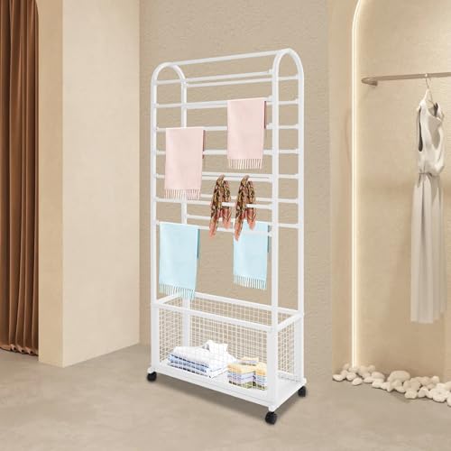 Image of CNCEST Double-Sided Ribbon Holder Organizer Rack,Free Standing Mobile Ribbon Holder,Metal Ribbon Stand Organizer,Ribbon Display Rack Storage Shelf for Craft Room,Wrapping Paper(White,27.6x11.8x65in)