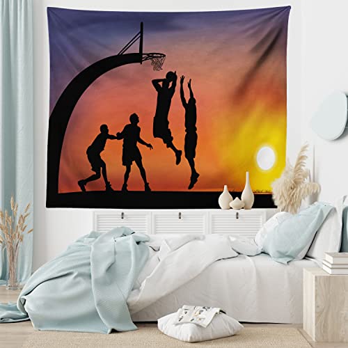 Ambesonne Teen Room Tapestry, Boys Playing Basketball At Sunset Horizon Sky Dramatic Scenery, Wide Wall Hanging For Bedroom Living Room Dorm, 60" X 40", Dark Coral Black Yellow #TOP5
