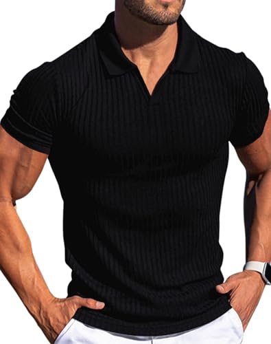 Men's Collared Muscle Polo Shirts Slim Fit Short Sleeve V Neck T Shirts Men Ribbed Golf Shirt Casual Stylish