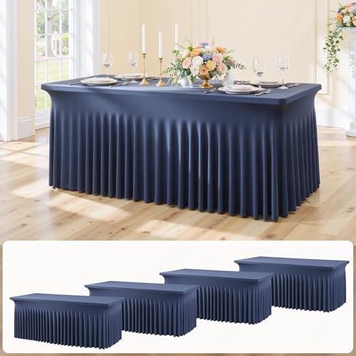 Image of 4 pk Navy Blue Spandex Tablecloth 6ft with Ruffled Skirt, Wrinkle Free High Stretch Fitted Tablecloths for 6 Foot Rectangle Tables, Elastic Navy Spandex Table Covers 6 ft for Graduation Wedding Party