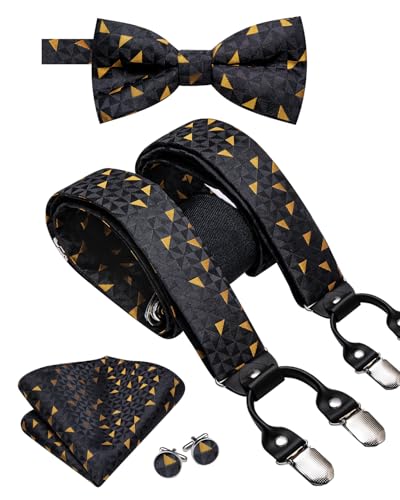 Image of Hi-Tie Mens Suspender Black Orange Geometric Bowtie Adjustable Y-Shape 6 Clips Trouser Braces Pre-Tied Bow Tie with Handkerchief Cufflinks