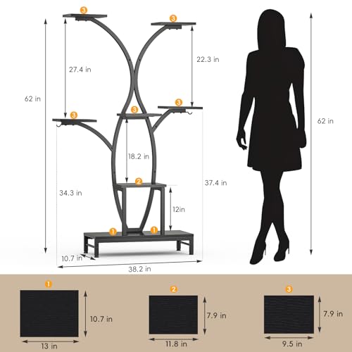 Image of Plant Stand Indoor with Grow Lights - 7 Tiered Metal Corner Shelf for Multiple Plants, 63.4 inch Corner Plant Stand for Indoor Plants, Tree-Shaped Plant Rack for Home, Living Room, Office & Patio Decor