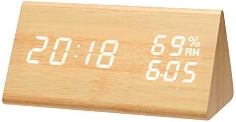 Digital Alarm Clock, Voice Control Wooden Alarm Clock Electric LED Light Minimalist Batteries or USB Charger Triangle Clock Display Time Date Humidity Temperature Bedside Clock - Bamboo