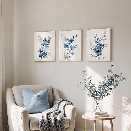 takfot Flower Wall Art Prints Modern Blue Floral Painting Watercolor Picture Framed Home Decor Botanical Artwork Ready to Hang for Bedroom Bathroom Living Room 1216 Inch, Set of 3
