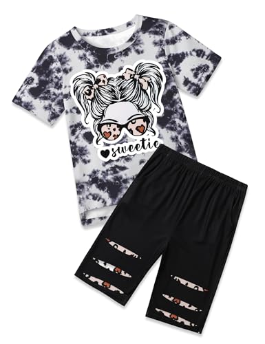Image of Girls Clothes Short Sleeve Tie Dye Top Shorts and Pants 2PCS Girls Summer Outfits Size 6-16