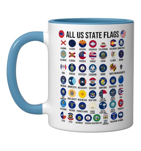 Flags of the U.S. States 50 Flags American Geography Ceramic Mug, Blue/White, 11oz by All US State Flags Travel Apparel - Used condition - US$14.76