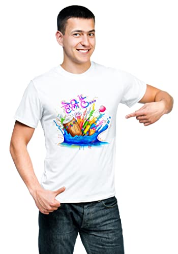 Image of Knitted Polycotton Fabric Regular Fit Men Boys Half Sleeve T-Shirt for Festival of Holi Style 9 White Size : Free