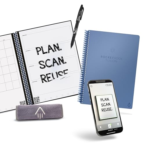 Rocketbook Planner & Notebook, Fusion : Reusable Smart Planner & Notebook | Improve Productivity with Digitally Connected Notebook Planner | Dotted, 6" x 8.8", 42 Pg, Steel Blue