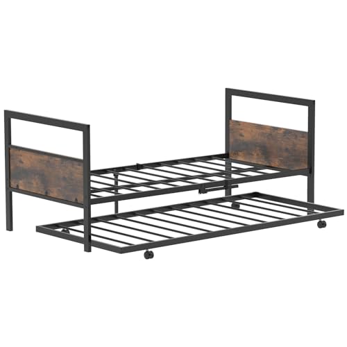 GIANTEX Marco de Cama 200x90 cm con Cabecero y Piecero, Somier de Metal con Nido Extraíble con Ruedas, Carga hasta 220 kg, Cama Individual con Nido Supletorio, Diseño Compacto
