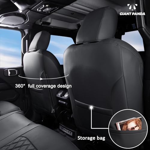 Image of GIANT PANDA Jeep Wrangler 4 Door JL 2018-2026 Full Set Car Seat Covers for Sahara Altitude Rubicon 392 Unlimited with Rear Cup Holder, Customized Faux Leather - (Black)