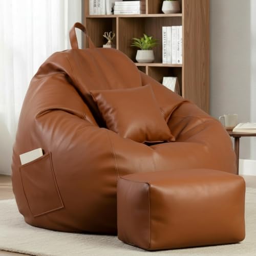Image of KAM'S LIEU 5XL Luxury Faux Leather Bean Bag with Footrest & Cushion | Pre-Filled High-Density Polystyrene Beans | Premium Leatherette | 6 Months Warranty Color- (Tan, with Footrest)