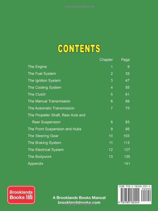 Back cover of BMW 2500, 2800, 3.0 & 3.3 Owners Workshop Manual showing contents