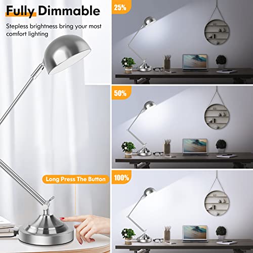 Touch Control Led Desk Lamp With Usb Charging Port, Architect Brushed Nickle Lamp With Adjustable Swing Arm, Dimmable Silver Desk Lamp For Home Office Reading Study, 3000K/4000K/5000K 3 Color Modes #TOP3